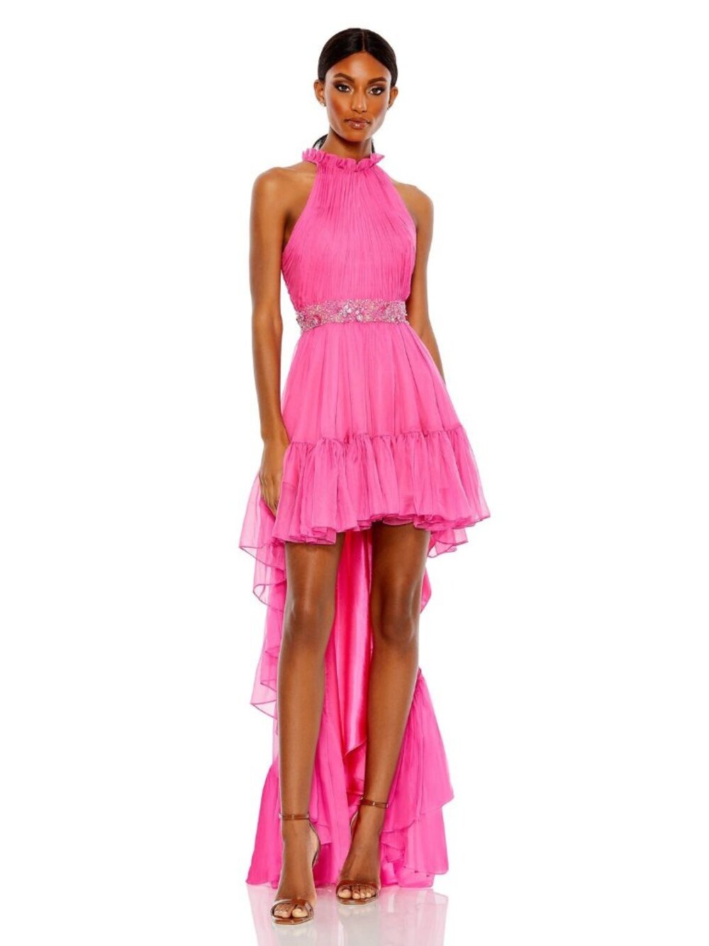 Mac Duggal Size 4 Pink Halter Neck High-Lo Flowy Gown Embellished Cocktail Prom